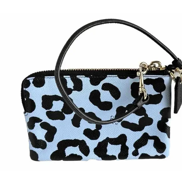 Coach Ocelot Print Grossgrain Leather Corner Zip Wristlet, Blue, Black, 41-15
